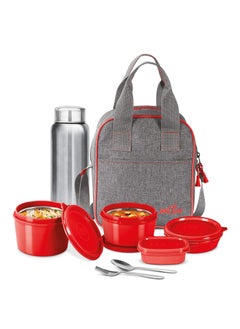 Milton MILTON Savor Lunch Tiffin (3 Microwave Safe Inner Steel Containers, 180/320/450 ml; 1 Plastic Chutney Dabba,100ml; 1 Aqua Steel Bottle, 750ml, Steel Spoon and Fork) with Insulated Fabric Jacket, Red  - Image 1