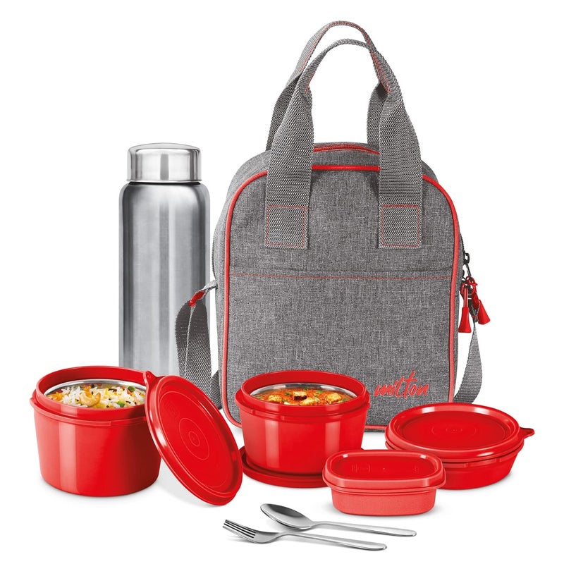 Milton MILTON Savor Lunch Tiffin (3 Microwave Safe Inner Steel Containers, 180/320/450 ml; 1 Plastic Chutney Dabba,100ml; 1 Aqua Steel Bottle, 750ml, Steel Spoon and Fork) with Insulated Fabric Jacket, Red  - Image 1