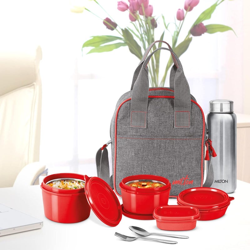 Milton MILTON Savor Lunch Tiffin (3 Microwave Safe Inner Steel Containers, 180/320/450 ml; 1 Plastic Chutney Dabba,100ml; 1 Aqua Steel Bottle, 750ml, Steel Spoon and Fork) with Insulated Fabric Jacket, Red  - Image 5