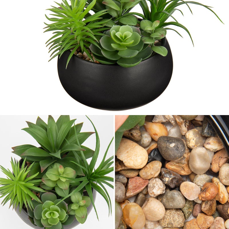 Hollyone Fake Plants Artificial Succulents in Pots Faux Succulent Arrangement Potted Plant in Black Ceramic Planter Bowl for Home Decor Office Desk Bathroom Shelf Living Room Indoor Decorations - Image 3