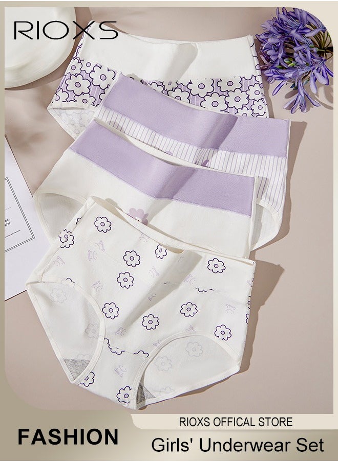 RIOXS 4 Pack Teen Girls Cotton Underwear Soft Briefs High Waist Underwear Kids Training  Briefs Cute Kawaii Printed Underwear Set  - Image 1