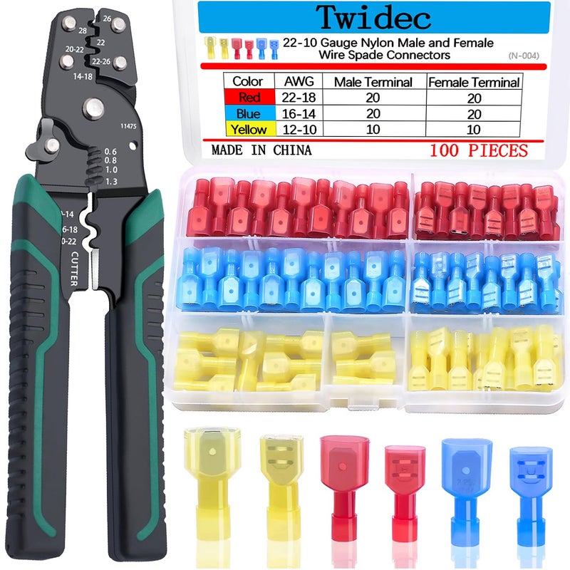 Twidec طقم موصلات مجرفة نايلون من /100 قطعة، مقياس 22-10، فصل سريع، عازل كامل، ذكر وأنثى، مع أداة تجعيد الأسلاك وقاطعة عازل N-004-N-060 - Image 1