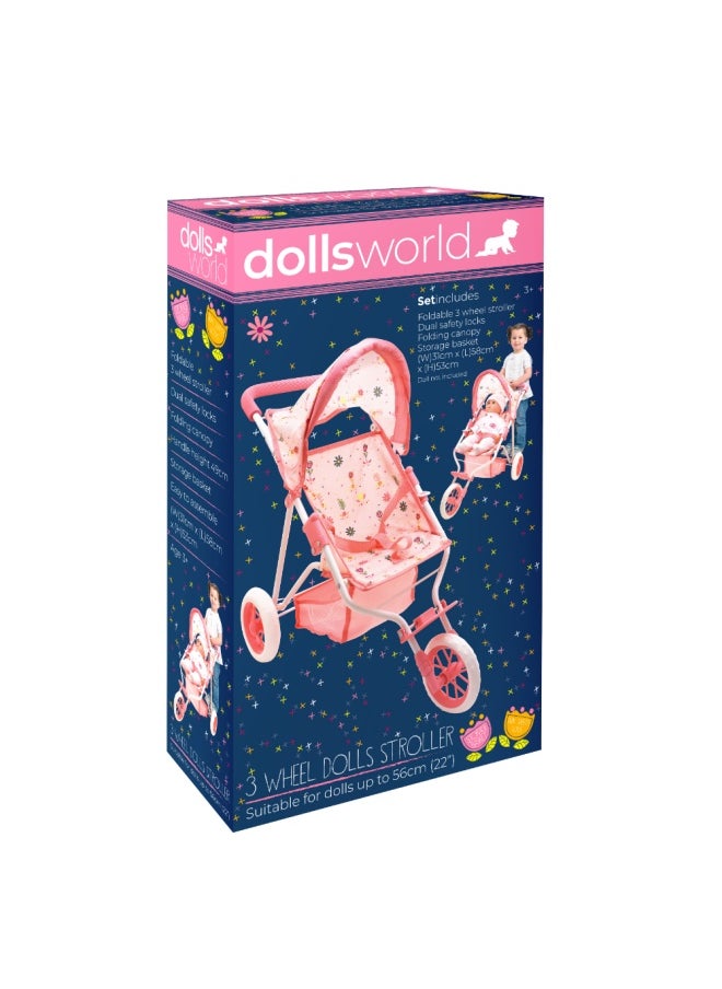 dolls world Deluxe 3 Wheel Folding Stroller With Canopy & Basket For Dolls Up To 22 inch from Peterkin gift for kids of Age above 3 years  - Image 1