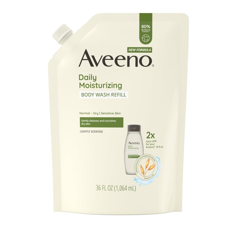 Aveeno Daily Moisturizing Body Wash for Sensitive Skin + Prebiotic Oat, Gently Cleanses, Nourishes & Feels Moisturizing Dry Skin, Light Fragrance, Refill Pouch, 36 fl. oz - Image 1
