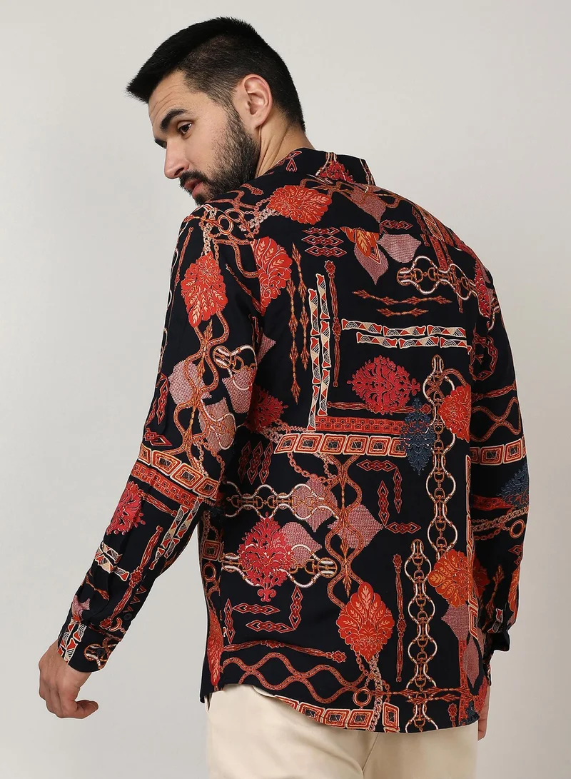 Campus Sutra Men's Crimson Red & Navy Blue Artistic Block Shirt