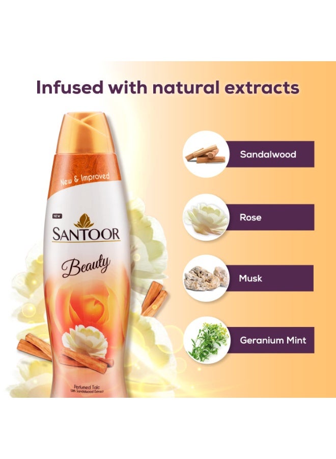 Santoor Beauty Talc with Sandalwood Extracts| Sandal, Rose, Musk & Geranium Mint Fragrance| Absorbs Excess Moisture| Dermatologically Tested| For All Skin Types (400g) - Image 4