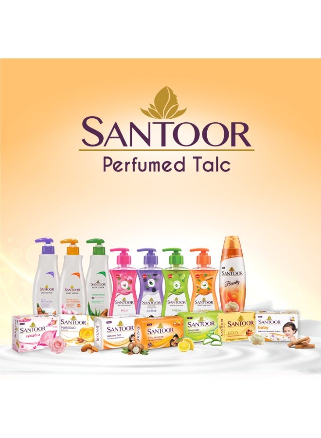 Santoor Beauty Talc with Sandalwood Extracts| Sandal, Rose, Musk & Geranium Mint Fragrance| Absorbs Excess Moisture| Dermatologically Tested| For All Skin Types (400g) - Image 2