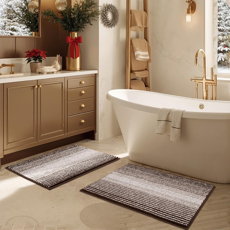 BSICPRO Bathroom Rugs and Mats Sets 2 Piece Thick Absorbent Chenille Bath Mat Rug Set Non Slip Soft Shaggy Bath Room Floor Mats for Bathroom Machine Washable Brown 20 x 32 Plus 16 x 24