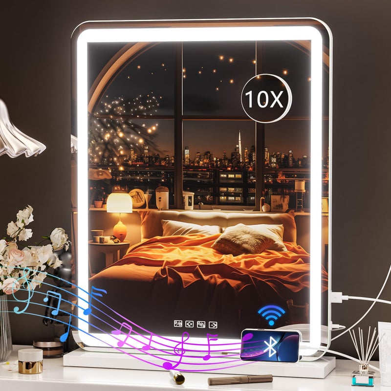 Hasipu Vanity Mirror with Lights and Bluetooth Speaker 20 x 25 LED Makeup Mirror Light up Mirror with 10X Magnification and USB Charging Port Smart Touch 3 Colors Dimmable White