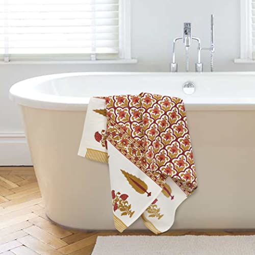 EasyGoods® Waffle Towels Beautiful Pure Cotton Hand Block Printed Soft Water Absorbent Towels- Pack of 3-1 Bath Towel and 2 Hand Towels Floral Printed 100% Cotton Towels for Bath, Face(Carrot Red) - Image 4