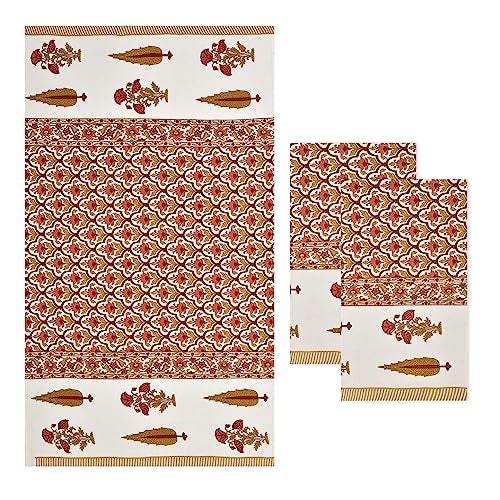 EasyGoods® Waffle Towels Beautiful Pure Cotton Hand Block Printed Soft Water Absorbent Towels- Pack of 3-1 Bath Towel and 2 Hand Towels Floral Printed 100% Cotton Towels for Bath, Face(Carrot Red) - Image 2