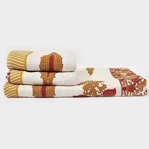 EasyGoods® Waffle Towels Beautiful Pure Cotton Hand Block Printed Soft Water Absorbent Towels- Pack of 3-1 Bath Towel and 2 Hand Towels Floral Printed 100% Cotton Towels for Bath, Face(Carrot Red) - Image 3
