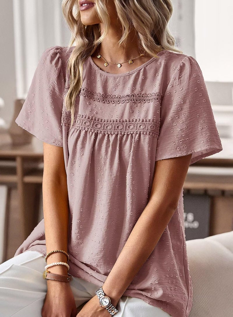 Falechay Pink Tops for Women Short Sleeve Fashion Tunic Tops Loose Flowy Summer Shirts Crewneck Chiffon Swiss Dot Blouses Fit Clothes M - Image 2