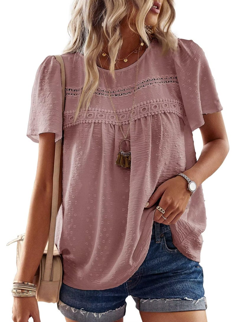 Falechay Pink Tops for Women Short Sleeve Fashion Tunic Tops Loose Flowy Summer Shirts Crewneck Chiffon Swiss Dot Blouses Fit Clothes M - Image 1