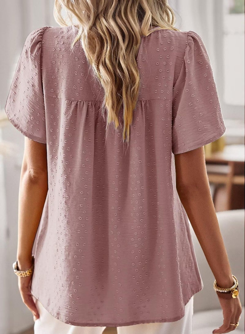 Falechay Pink Tops for Women Short Sleeve Fashion Tunic Tops Loose Flowy Summer Shirts Crewneck Chiffon Swiss Dot Blouses Fit Clothes M - Image 3