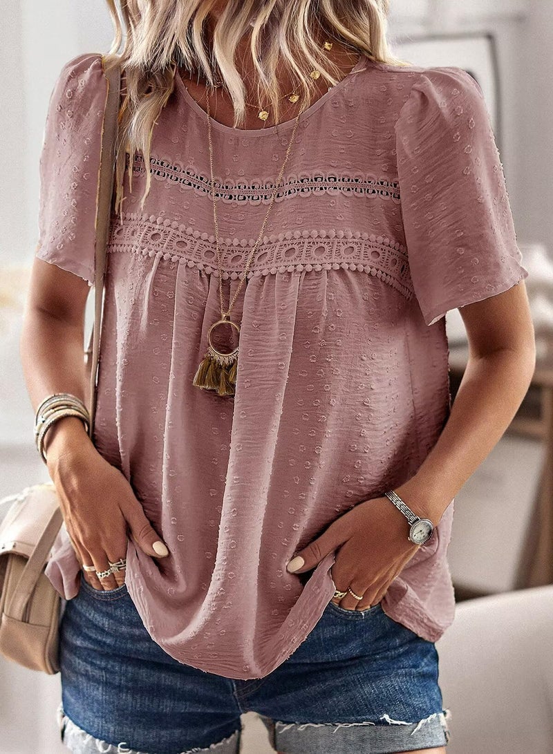 Falechay Pink Tops for Women Short Sleeve Fashion Tunic Tops Loose Flowy Summer Shirts Crewneck Chiffon Swiss Dot Blouses Fit Clothes M - Image 5