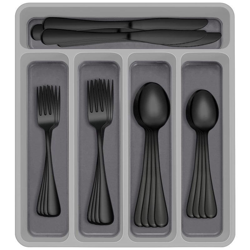 60Piece Black Silverware Set with Organizer AIVIKI Stainless Steel Flatware for 12 Cutlery Utensil Set for Home Restaurant Tableware Includes Knife Fork Spoon Set Mirror Polished