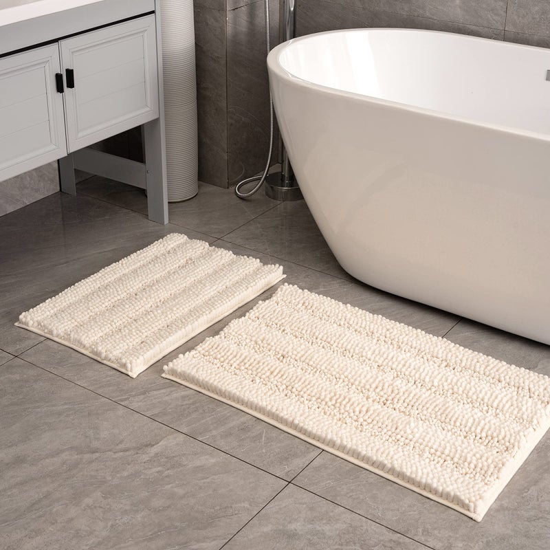 Feivea Bathroom Rug Sets 2 Piece Extra Thick Chenille Mats Fluffy Soft Absorbent Non Slip Washable Mats for Bathroom Tub Indoor 24163220 Cream