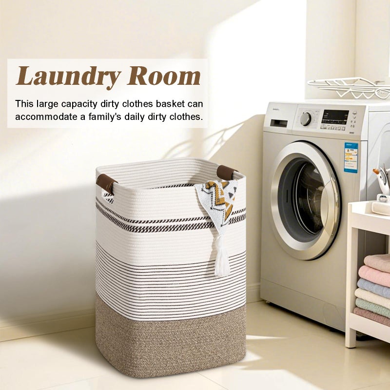 Degeyoyo Laundry Hamper, 95L Tall Laundry Basket with Leather Handles, Rectangle Large Clothes Hamper for Organizing, Cotton Woven Laundry Baskets Storage Hampers for Bedroom, Nursery, Living Room - Image 4