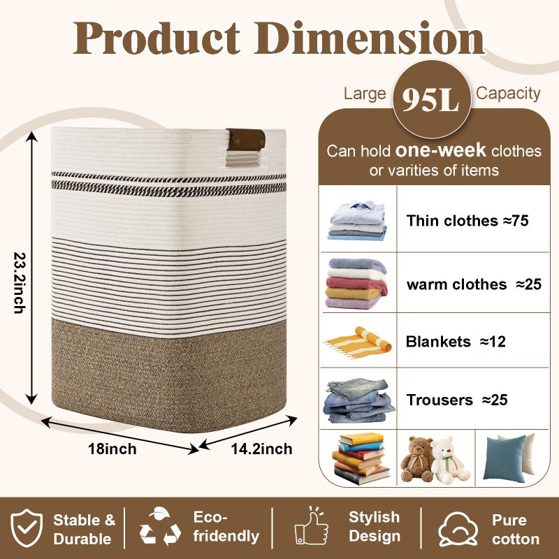 Degeyoyo Laundry Hamper, 95L Tall Laundry Basket with Leather Handles, Rectangle Large Clothes Hamper for Organizing, Cotton Woven Laundry Baskets Storage Hampers for Bedroom, Nursery, Living Room - Image 3