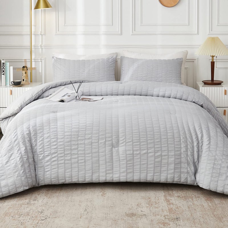 AveLom Seersucker Full Comforter Set 80x90 Light Gray 3 Pieces  100 Microfiber Soft Washed Down Alternative Chic Seersucker Design Easy Care Pet Friendly