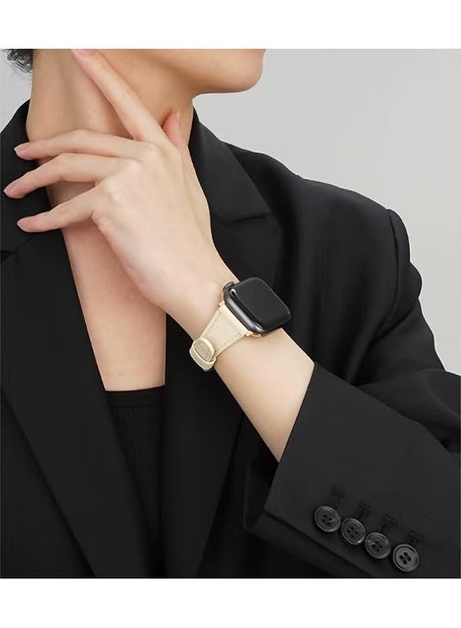 Apple Watch Leather Band - Premium Top-Grain Genuine Leather Strap for Apple Watch Series 10/9/8/7/6/5/4/3/2/1/SE/Ultra 2 (42-49mm) - Off-White Thin Wristband for Women - Image 4