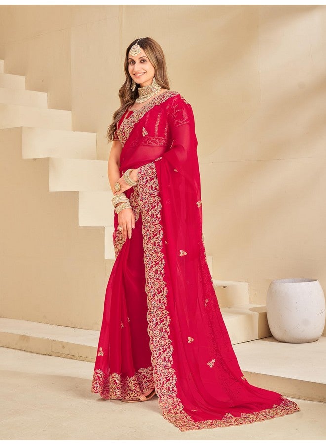 Glory Sarees ساري المجد للنساء من شيفون بربري الناعم مع تطريز ثقيل وقطعة بلوزة (Qualamkars_102_Rani) - Image 3