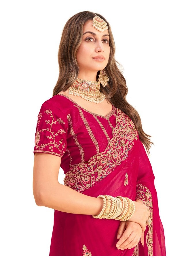 Glory Sarees ساري المجد للنساء من شيفون بربري الناعم مع تطريز ثقيل وقطعة بلوزة (Qualamkars_102_Rani) - Image 1
