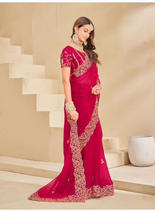 Glory Sarees ساري المجد للنساء من شيفون بربري الناعم مع تطريز ثقيل وقطعة بلوزة (Qualamkars_102_Rani) - Image 5