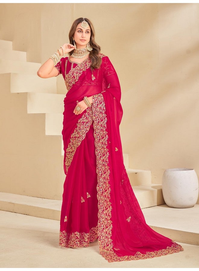 Glory Sarees ساري المجد للنساء من شيفون بربري الناعم مع تطريز ثقيل وقطعة بلوزة (Qualamkars_102_Rani) - Image 2