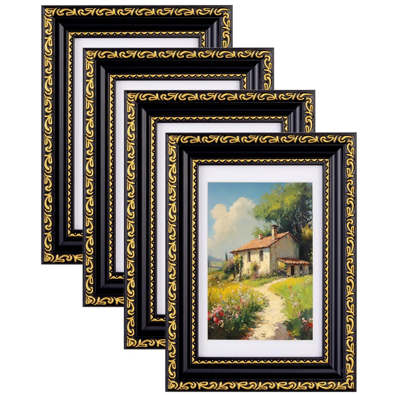 Eletecpro 4X6 Picture Frames Set Of 4  Ornate Vintage Photo Frames With Glass  Display 3.5X5 Photo With Mat Or 4X6 Without Mat For Tabletop Or Wall Decor  Black Gold - Image 1