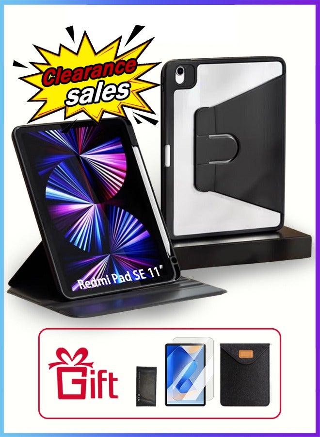 Case for Redmi Pad Se 11-Inch Tablet Cover With Pen Slot/Tablet 360° Rotating Protective Case/Auto Sleep/Wake Slim Stand/Transparent Tpu Protective Case/Free AED29 Anti-Glare Protective Film/Felt Tablet Pouch- Black - Image 1