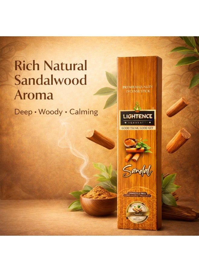 Lightence Sandalwood Incense Sticks – 100% Charcoal Free Agarbatti, Long Lasting 45–60 Min Burn Time, Natural Sandal Aroma, Premium Indian Incense for Meditation, Prayer, Yoga & Home Fragrance – Made in India - Image 3