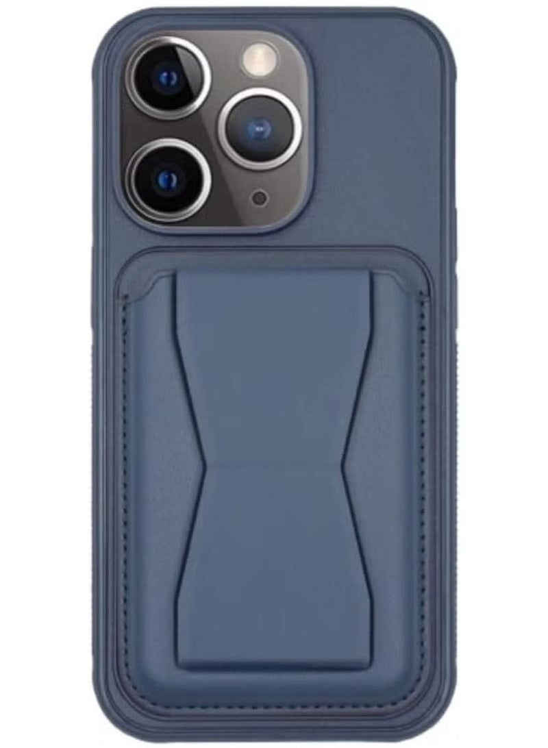 جراب محفظة مرن من الجلد الصناعي بتصميم نحيف متوافق مع iPhone 16 Pro Max، مزود بحامل بطاقات خلفي من الجلد المقاوم للصدمات ومسند مدمج، مصنوع من الجلد الصناعي لمظهر أنيق وقبضة مريحة، باللون الأزرق. - Image 1