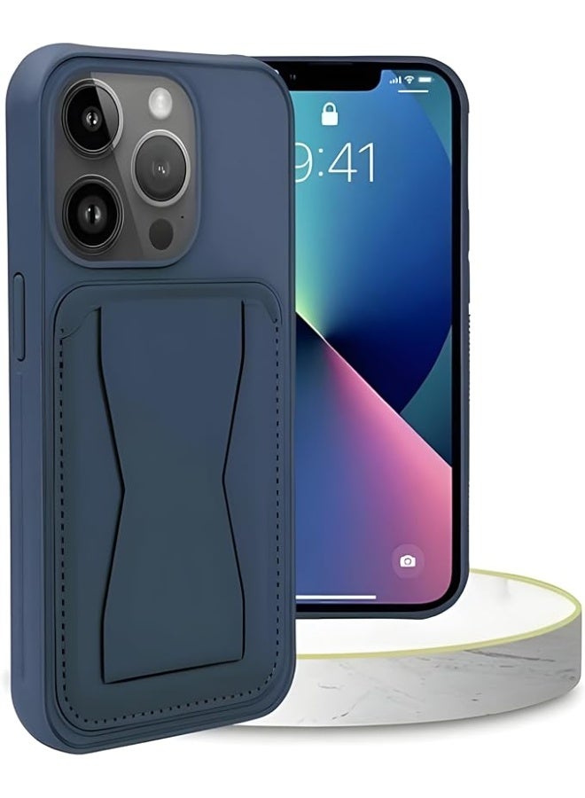 جراب محفظة مرن من الجلد الصناعي بتصميم نحيف متوافق مع iPhone 16 Pro Max، مزود بحامل بطاقات خلفي من الجلد المقاوم للصدمات ومسند مدمج، مصنوع من الجلد الصناعي لمظهر أنيق وقبضة مريحة، باللون الأزرق. - Image 2