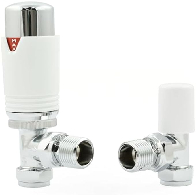 CHROME & WHITE ESTUARY ANGLED TRV THERMOSTATIC RADIATOR VALVE (PAIR) INCLUDES ANGLED TRV BODY, WHEEL HEAD, LOCK SHIELD. OR QUICK & EASY TEMPERATURE CONTROL. - Image 1