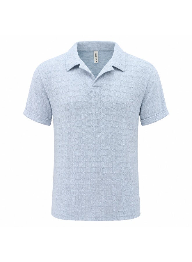Men's Light Blue Textured Knit Polo Shirt with Camp Collar - Image 3