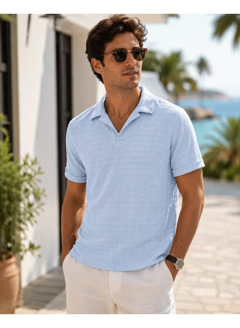 Men's Light Blue Textured Knit Polo Shirt with Camp Collar - Image 1