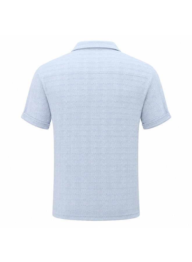 Men's Light Blue Textured Knit Polo Shirt with Camp Collar - Image 2