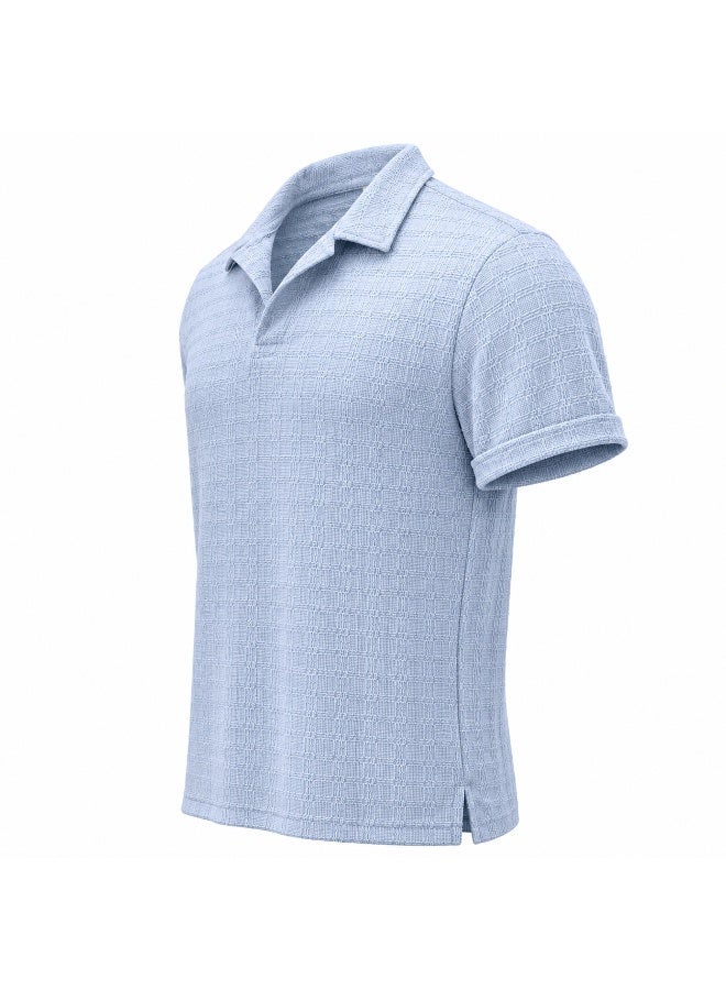 Men's Light Blue Textured Knit Polo Shirt with Camp Collar - Image 5