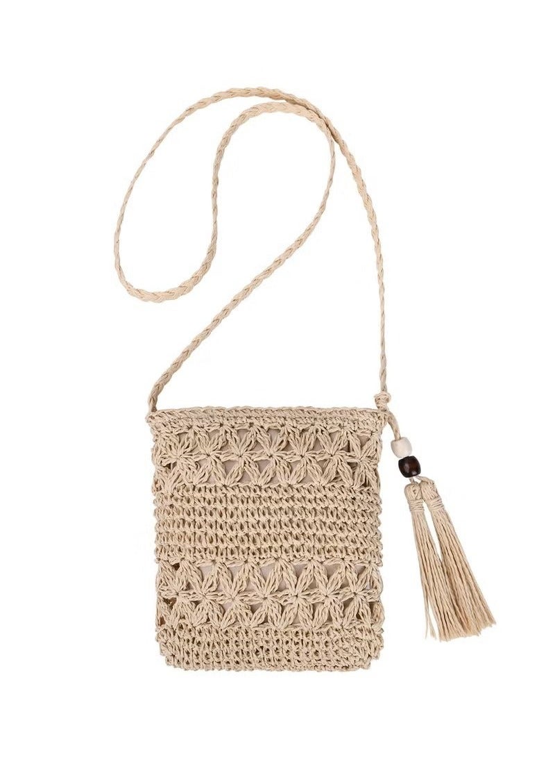 Summer Beach Straw Bag for Women, Handmade Weave Crossbody Straw Bag Chic Straw Bag with Zipper Closure Bohemian Style Shoulder Purse with Tassel Single Strap Woven Beach Bag for Summer Beach Travel  - Image 1
