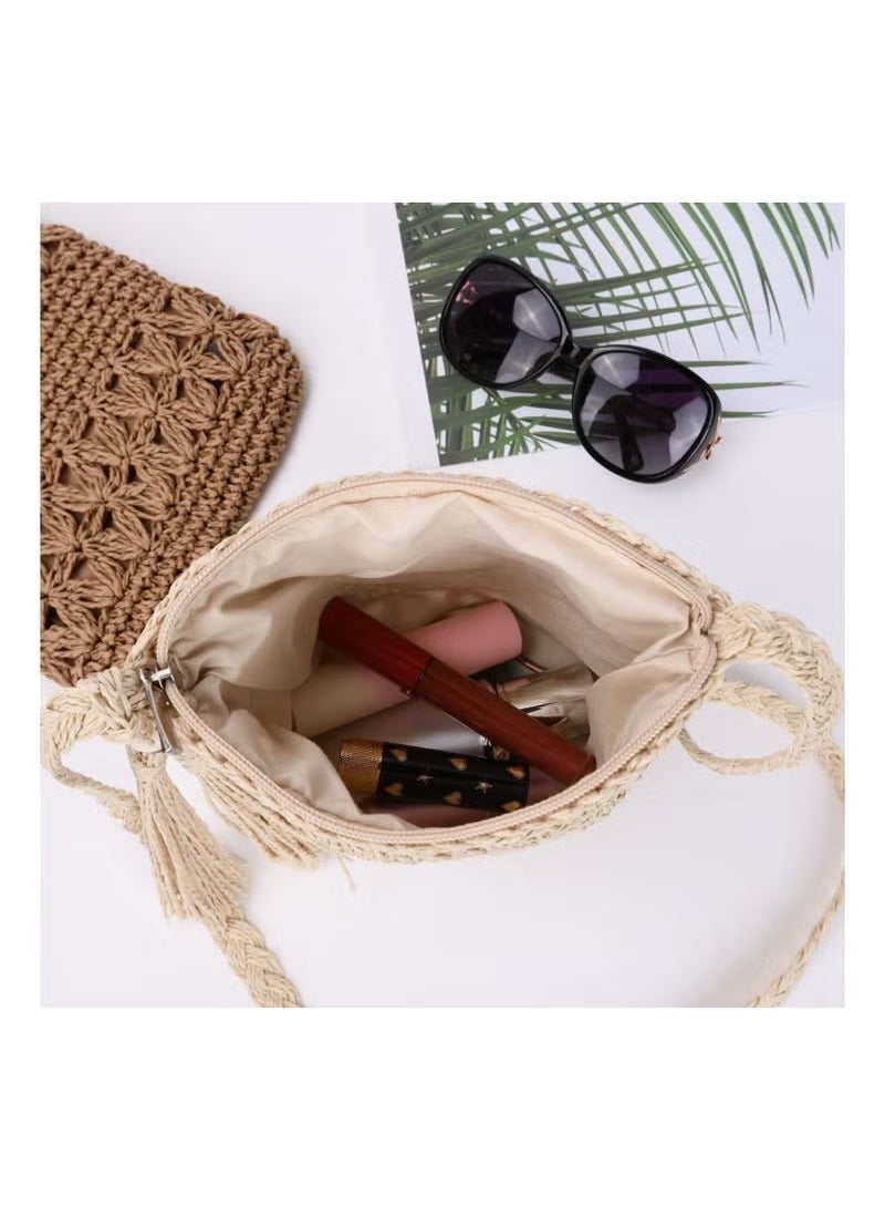 Summer Beach Straw Bag for Women, Handmade Weave Crossbody Straw Bag Chic Straw Bag with Zipper Closure Bohemian Style Shoulder Purse with Tassel Single Strap Woven Beach Bag for Summer Beach Travel  - Image 4