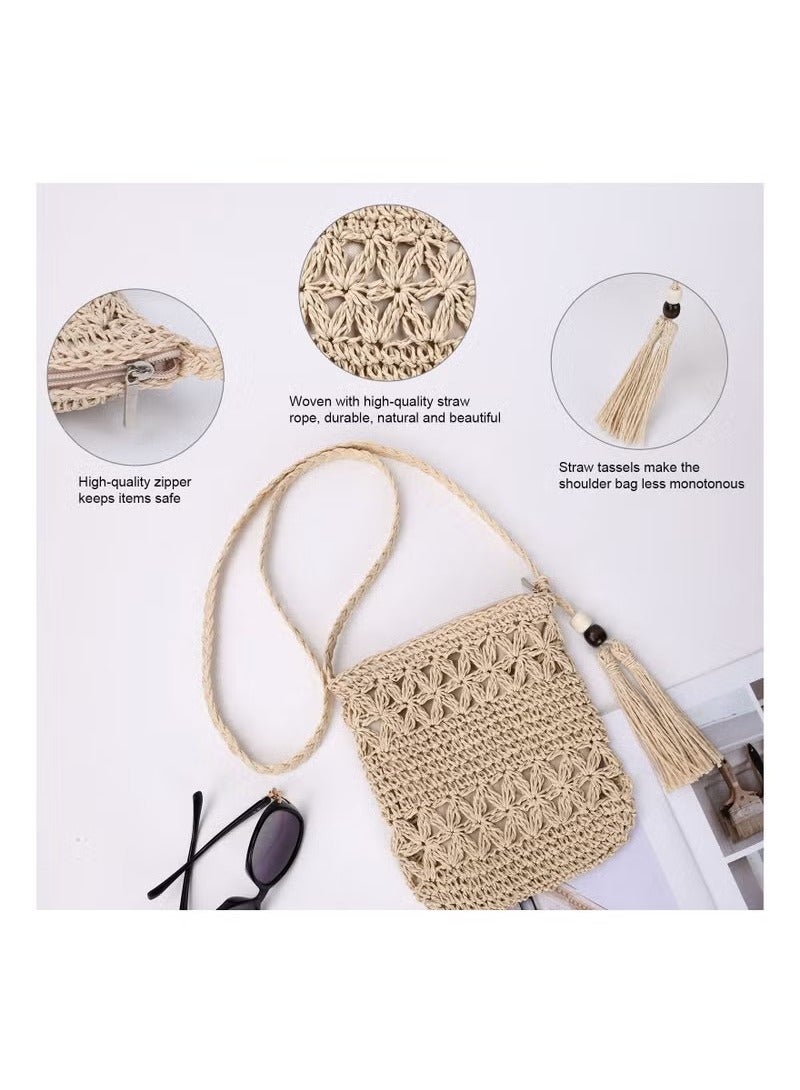 Summer Beach Straw Bag for Women, Handmade Weave Crossbody Straw Bag Chic Straw Bag with Zipper Closure Bohemian Style Shoulder Purse with Tassel Single Strap Woven Beach Bag for Summer Beach Travel  - Image 5