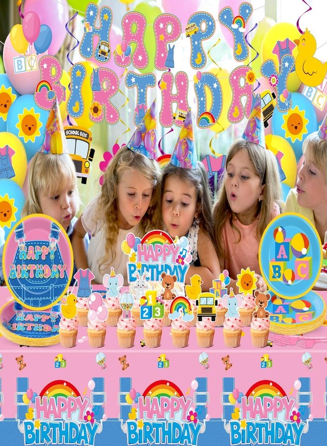 ojustbeok 156Pcs Girls Birthday Party Decoration Set Cartoon Teacher Paper Plates and Napkins Happy Birthday Banner Hanging Swirls Cupcake Toppers Tablecloth for Girls Baby Shower English Teacher Party Supplies - Image 5