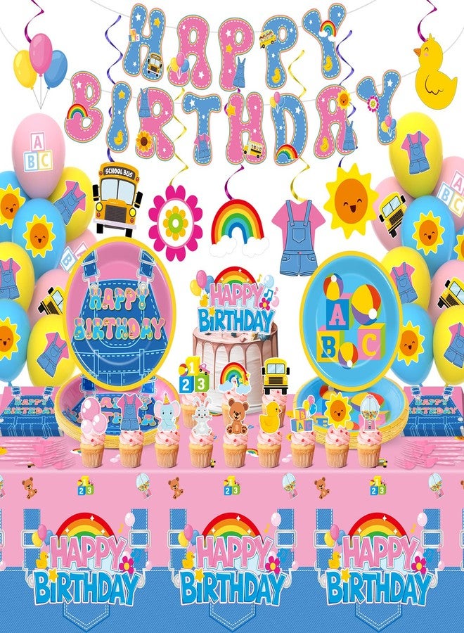 ojustbeok 156Pcs Girls Birthday Party Decoration Set Cartoon Teacher Paper Plates and Napkins Happy Birthday Banner Hanging Swirls Cupcake Toppers Tablecloth for Girls Baby Shower English Teacher Party Supplies - Image 1