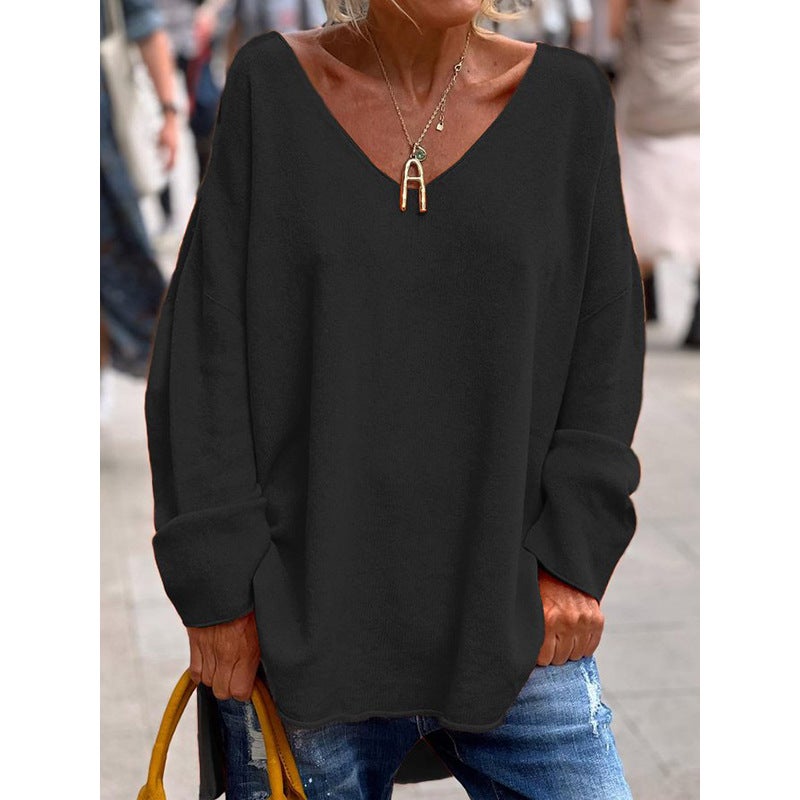 2026 Autumn and Winter New and Foreign Trade Women''s Clothing Solid Color V-Neck Long-Sleeved Loose Casual Comfortable T-Shirt Top - Image 5