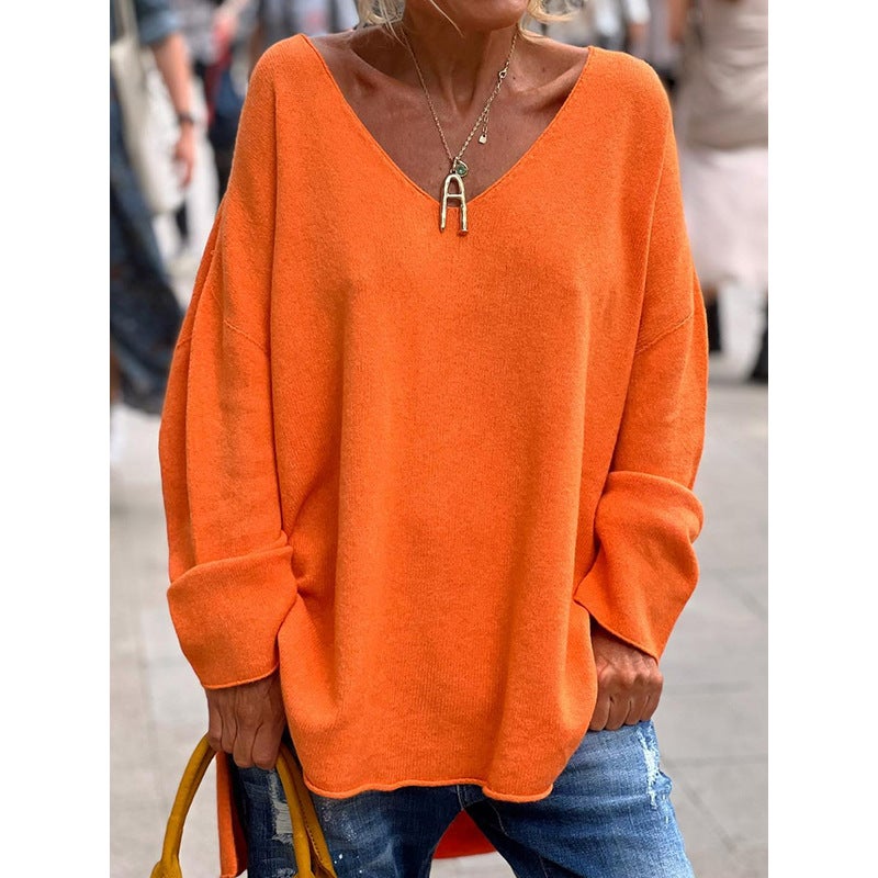 2026 Autumn and Winter New and Foreign Trade Women''s Clothing Solid Color V-Neck Long-Sleeved Loose Casual Comfortable T-Shirt Top - Image 1
