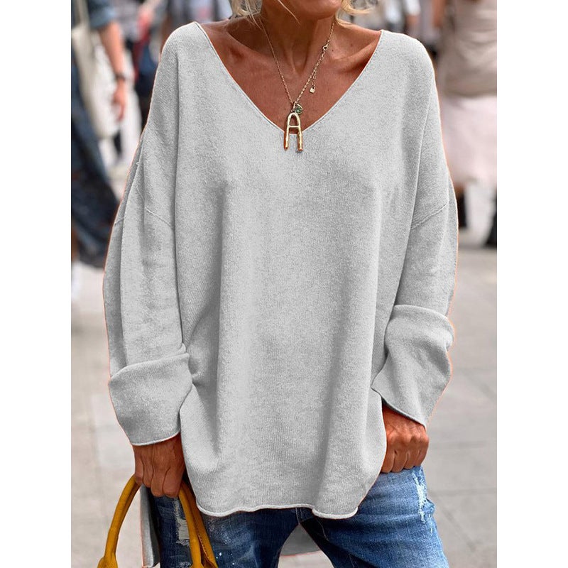 2026 Autumn and Winter New and Foreign Trade Women''s Clothing Solid Color V-Neck Long-Sleeved Loose Casual Comfortable T-Shirt Top - Image 3