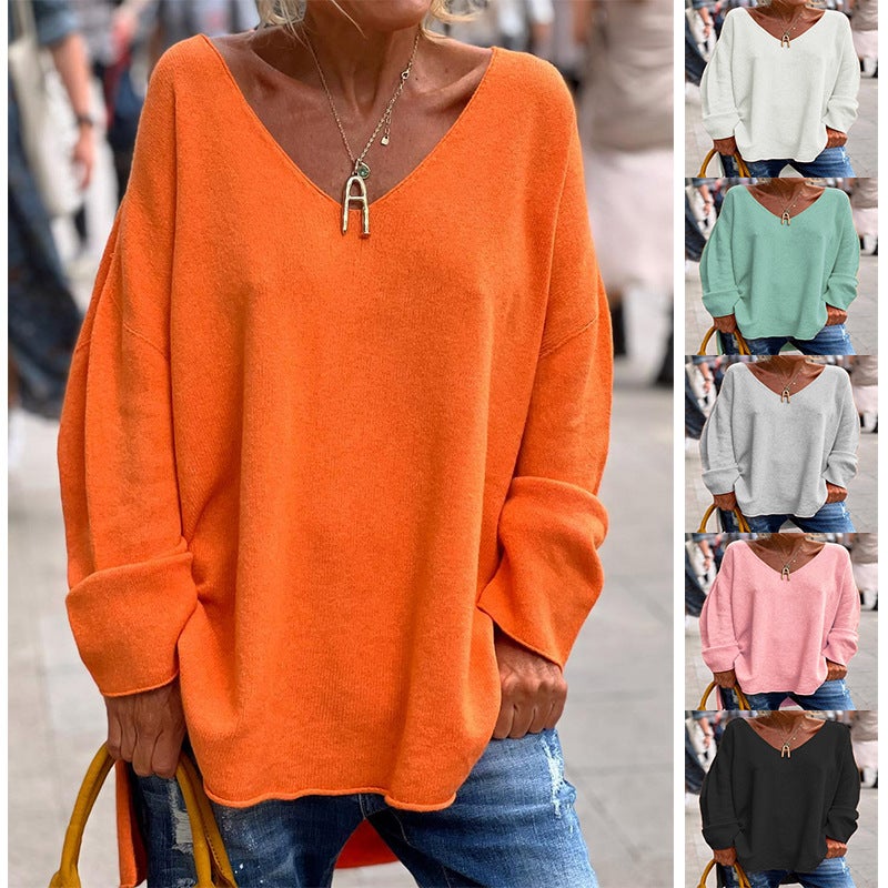2026 Autumn and Winter New and Foreign Trade Women''s Clothing Solid Color V-Neck Long-Sleeved Loose Casual Comfortable T-Shirt Top - Image 2