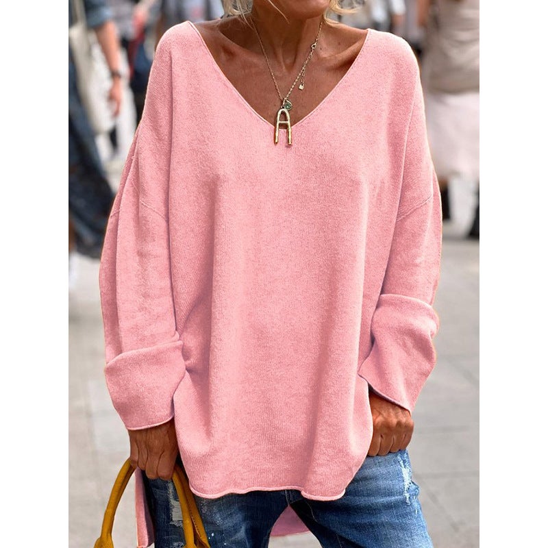 2026 Autumn and Winter New and Foreign Trade Women''s Clothing Solid Color V-Neck Long-Sleeved Loose Casual Comfortable T-Shirt Top - Image 4